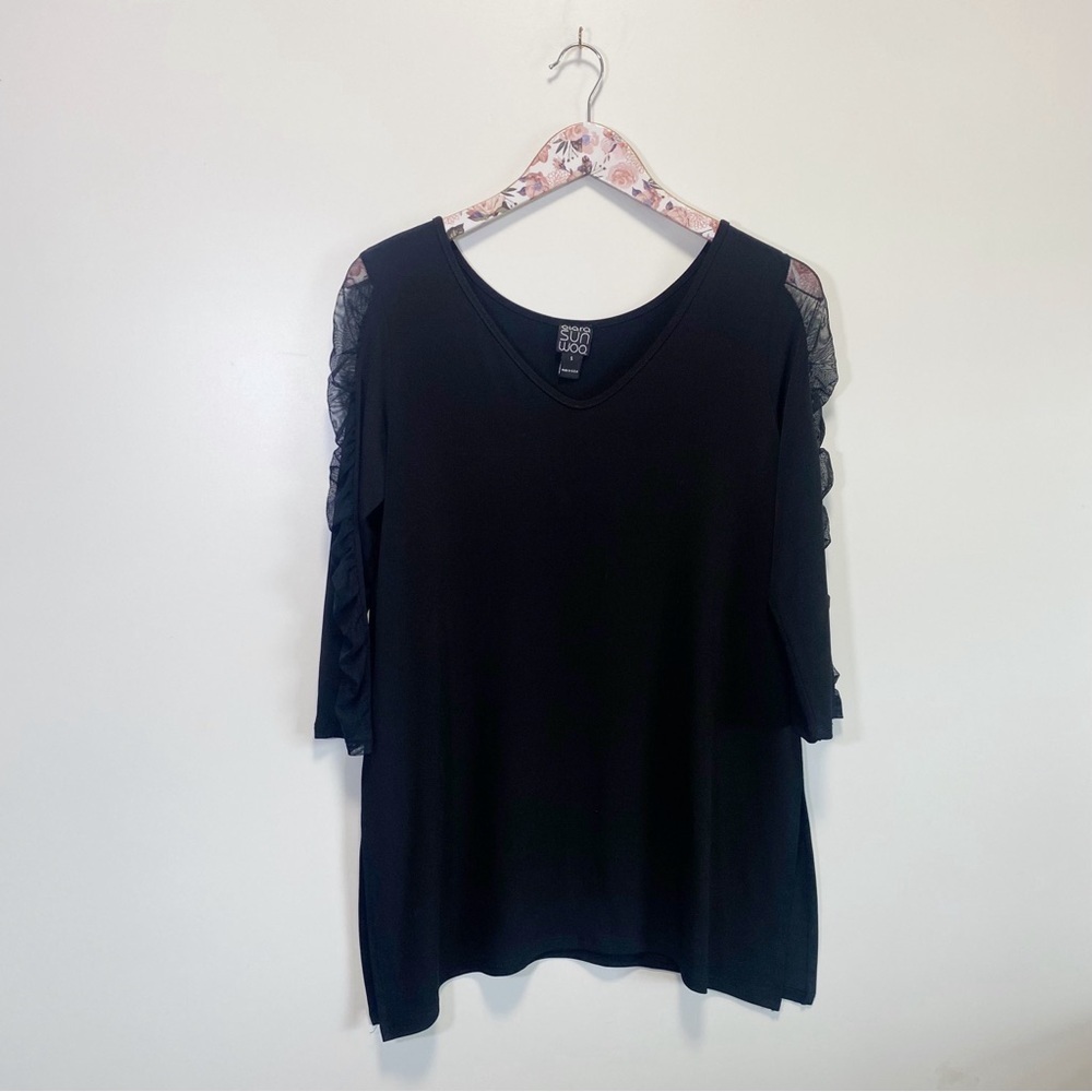 CLARA SUN WOO Black Mesh Sleeve Ruched Tunic Top Long Sleeve Small S